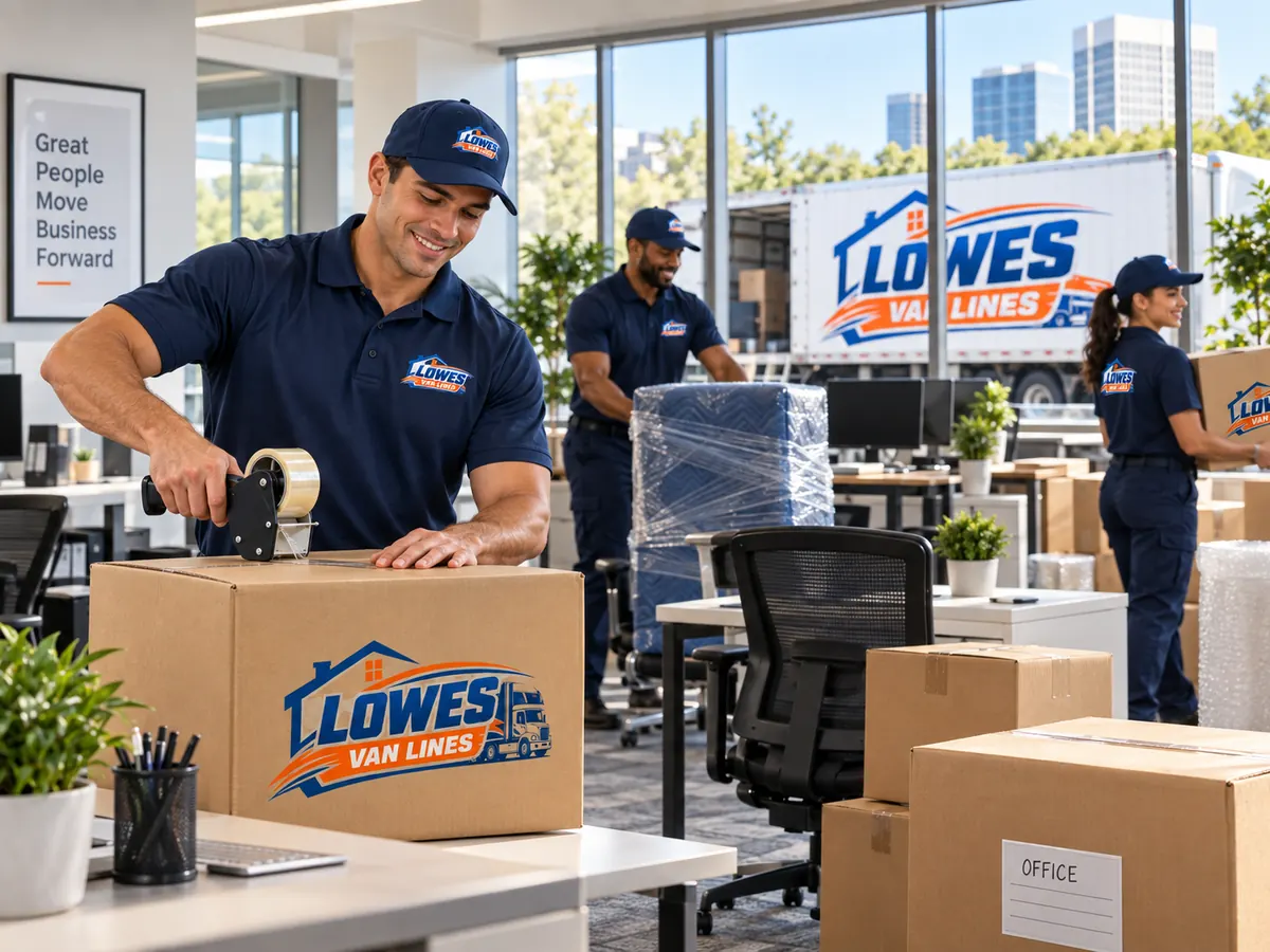 Lowes Van Lines branded truck and commercial moving activity at a loading dock