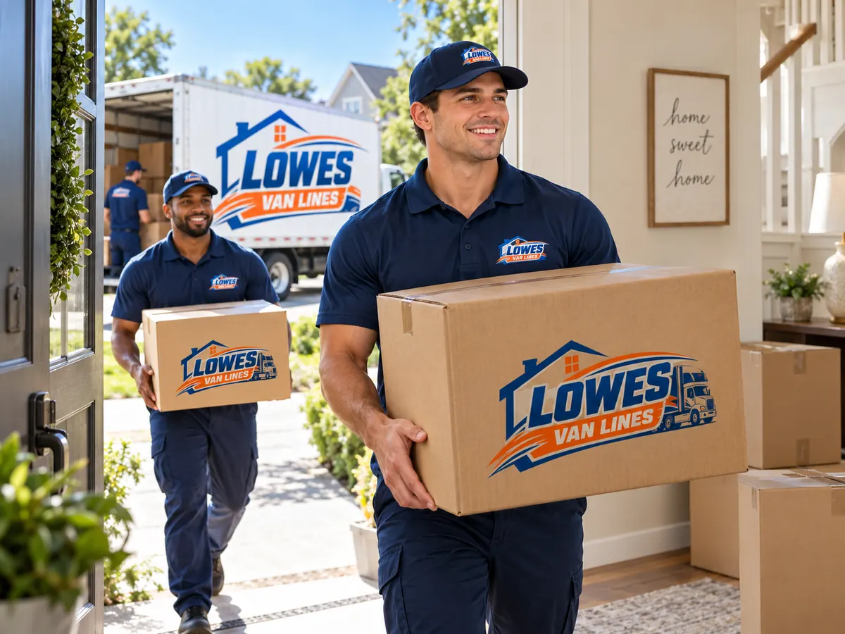 Lowes Van Lines moving crew beside a branded moving truck outside a home
